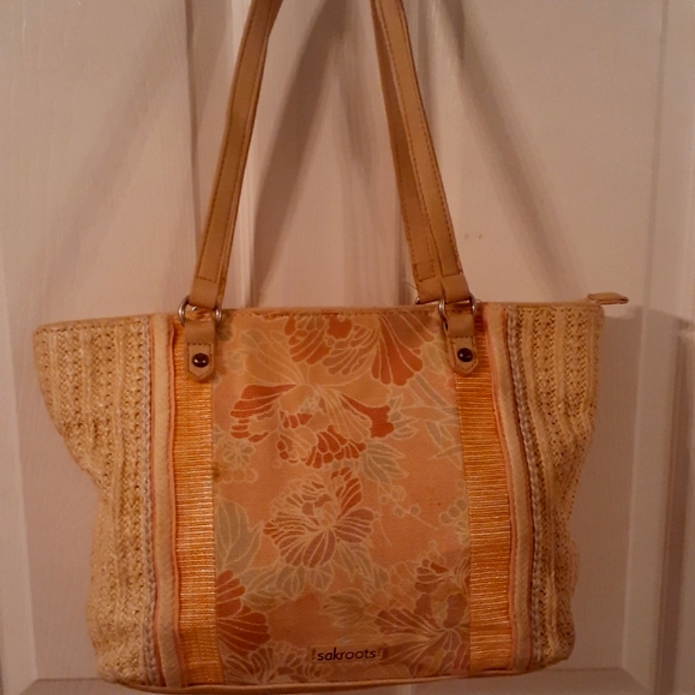 SAKROOTS Meadow Sunlight Jute/cotton Botanical 2 Sided tote bag.